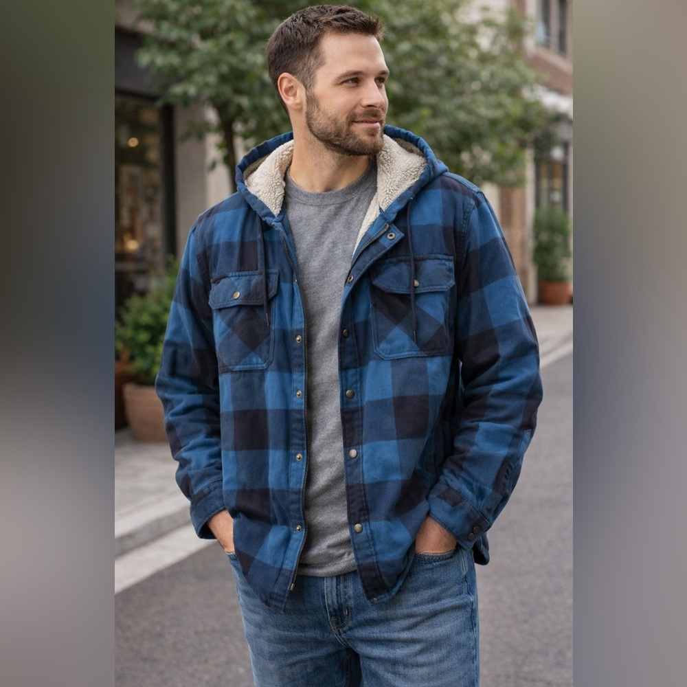 Adventuridge Men’s Blue Plaid Hooded Sherpa Lined Flannel Shirt Jacket Size M
